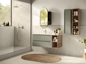 Badmöbel Trendy 115 cm 2 Schubladen Grün matt/Nussbaum und Hide Waschbecken Li. Weiß glänzend