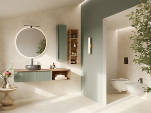 Badmöbel Trendy 141 cm Grün matt mit dünner Platte Nussbaum für Aufsatzwaschbecken