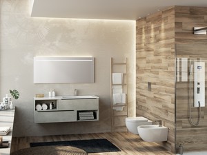 Meuble de salle de bains Trendy 141 cm 2 tiroirs lavabo en résine Hide blanc mat droit