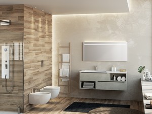 Meuble de salle de bains Trendy 141 cm 2 tiroirs lavabo en résine Hide blanc mat gauche
