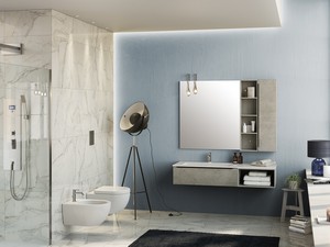 Meuble de salle de bains Trendy 141 cm ciment avec lavabo Hide à gauche blanc brillant