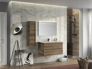 Meuble de salle de bains Trendy 90 cm noyer Belgravia 2 tiroirs et lavabo résine Hide blanc brillant