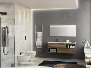 Meuble de salle de bains Trendy 141 cm noyer Belgravia 2 tiroirs lavabo résine Hide blanc mat vasque gauche