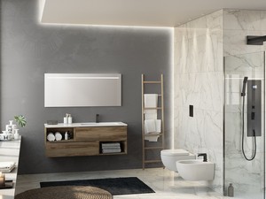 Meuble de salle de bains Trendy 140 cm noyer Belgravia 2 tiroirs lavabo résine Hide blanc brillant vasque droite