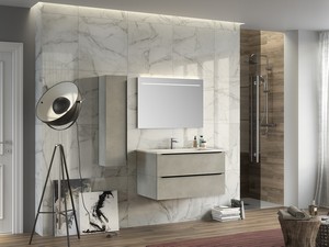 BADMÖBEL TRENDY 90 CM ZEMENT 2 LADEN WASCHBECKEN HARZ GLÄNZEND WEISS