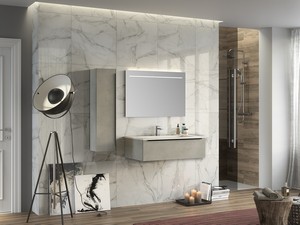 Meuble de salle de bains Trendy 90 cm ciment et lavabo en résine Hide blanc brillant