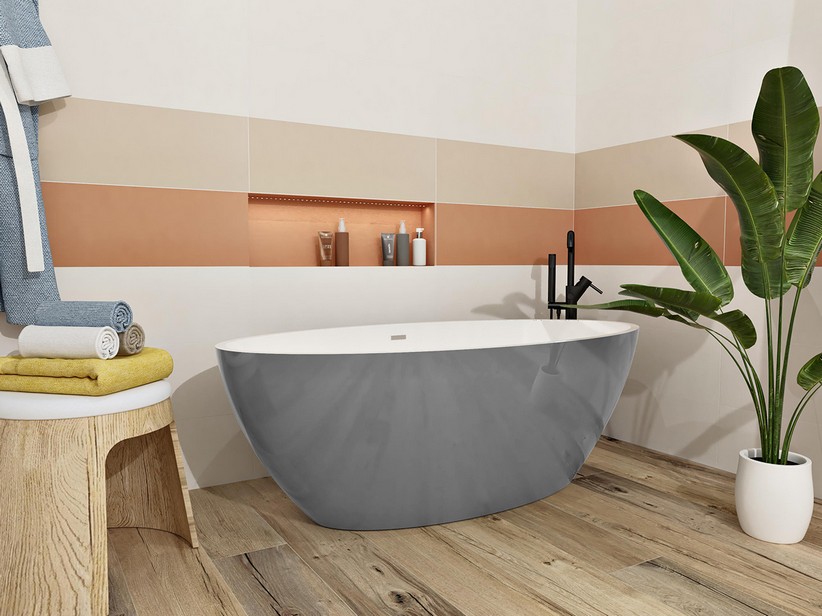 Freistehende Badewanne NEMO6 Solid Surface Zweifarbig 165X80 Weiß Glänzend und Zementgrau Glänzend