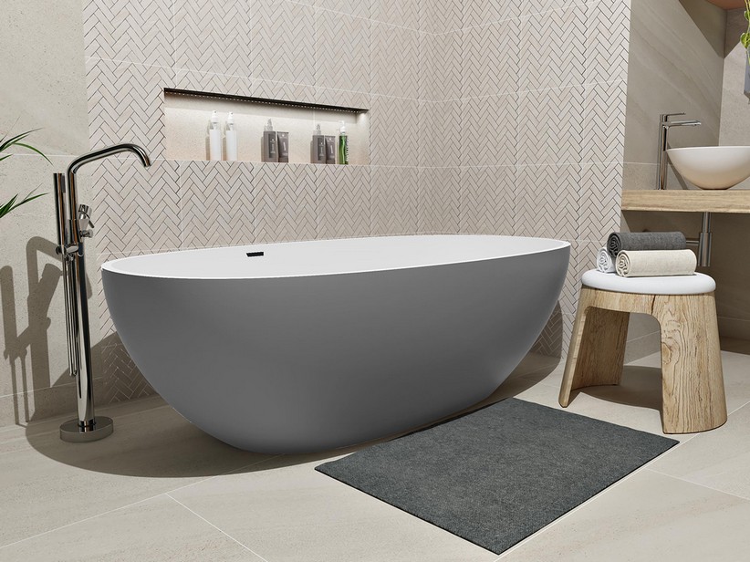 Freistehende Badewanne NEMO7 Solid Surface Zweifarbig 176X91 Weiß Matt und Zementgrau Matt