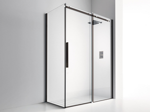 Cabine de douche d'angle Velo 70x170 h200 porte coulissante et paroi latérale verre 8 mm transparent noir mat