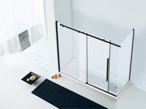 Duschkabine über der Badewanne Velo cm 170x70 H150 Schiebetür links aus Kristallglas mit Siebdruck, Profile Schwarz matt