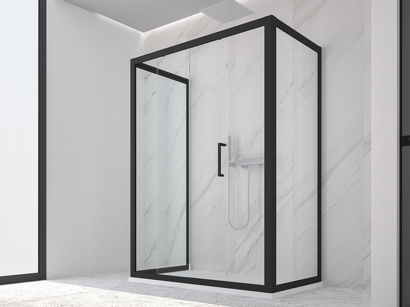 Cabine de douche Zen 80x120x80 h190,4 porte coulissante et 2 parois latérales verre 6 mm transparent noir mat