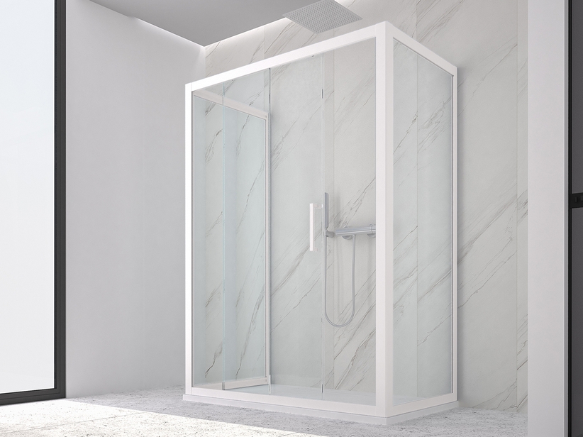Cabine de douche Zen 70x140x70 h190,4 porte coulissante et 2 parois latérales verre 6 mm transparent blanc mat