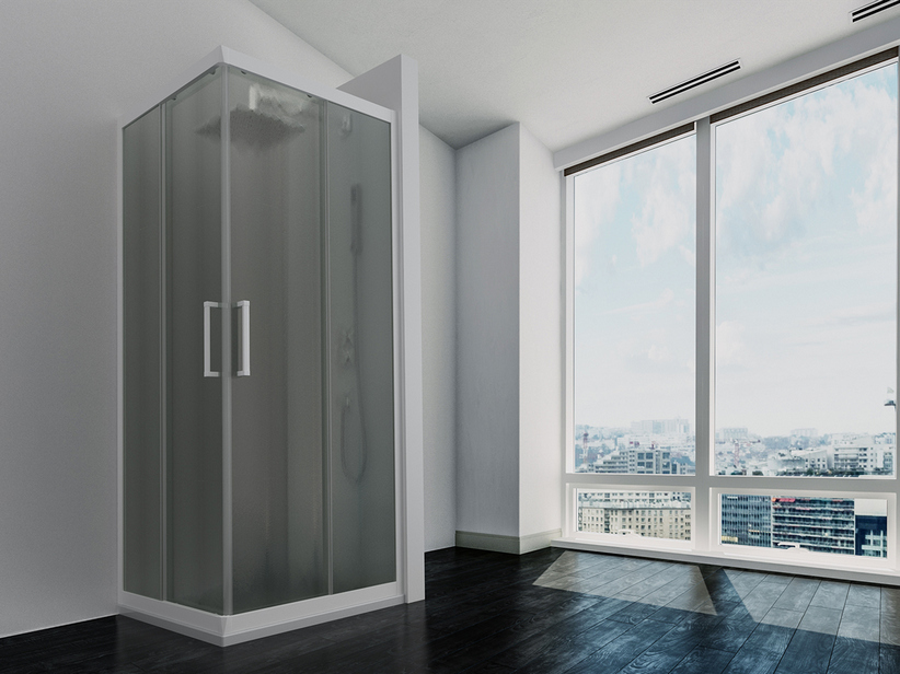 Cabine de douche d'angle Zen 100x100 h190, 4 portes coulissantes verre texturé 6 mm blanc mat