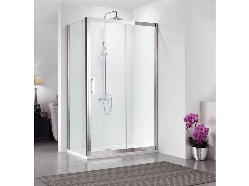Cabine de douche d'angle Zeus 80x140 h200 porte coulissante et paroi latérale verre transparent 8 mm inox brillant effet miroir