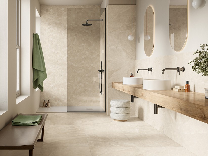 Carrelage salle de bains grès cérame effet pierre ardoise beige rectifié - Namibia